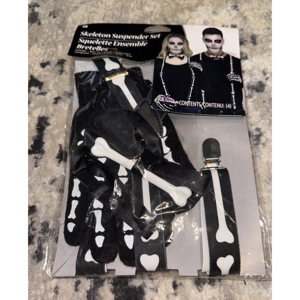 Fun World Skeleton Suspender Set Bow Tie, Gloves, Suspenders Costume Adult New